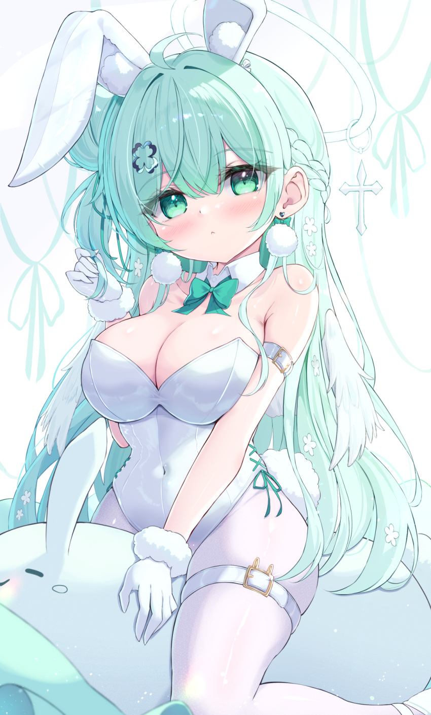 1girl angel angel_wings animal_ears arm_belt bare_shoulders blush bow bowtie breasts cleavage closed_mouth commentary_request covered_navel detached_collar earrings fake_animal_ears fake_tail feathered_wings fur-trimmed_gloves fur_trim gloves green_bow green_bowtie green_eyes green_hair halo halo_ornament hand_up highres jewelry large_breasts leotard long_hair looking_at_viewer mikaze_oto original pantyhose playboy_bunny pom_pom_(clothes) pom_pom_earrings rabbit_ears rabbit_tail solo straddling strapless strapless_leotard tail thigh_strap thighs white_gloves white_leotard white_pantyhose white_wings wings