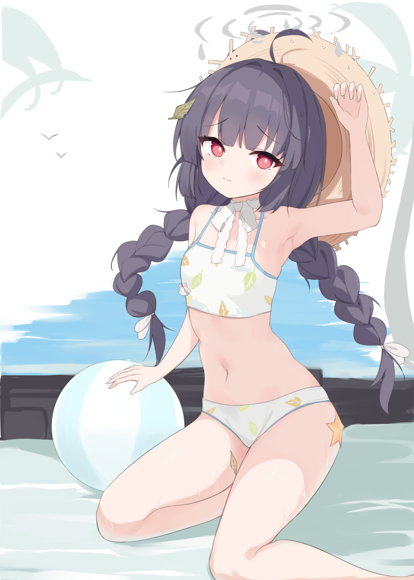 1girl 3126509135 absurdres ahoge bikini black_hair blue_archive braid breasts flat_chest halo hat highres leaf leaf_on_head leaf_print long_hair looking_at_viewer low_twin_braids miyu_(blue_archive) miyu_(swimsuit)_(blue_archive) navel official_alternate_costume open_mouth print_bikini red_eyes solo straw_hat swimsuit twin_braids white_bikini