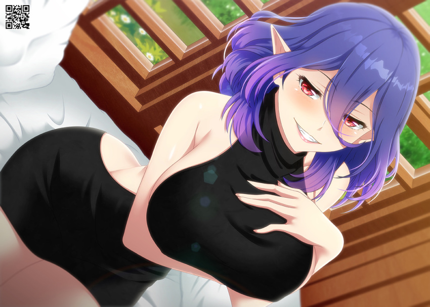1girl arm_under_breasts backless_dress backless_outfit black_dress breasts demon_girl dress feet_out_of_frame hair_between_eyes hand_on_own_chest kinsou_no_vermeil large_breasts lens_flare lipstick lukmanscootkenn makeup on_bed open_mouth pointy_ears purple_hair red_eyes seductive_smile short_hair sitting smile solo teeth vermeil_(kinsou_no_vermeil) window_shadow
