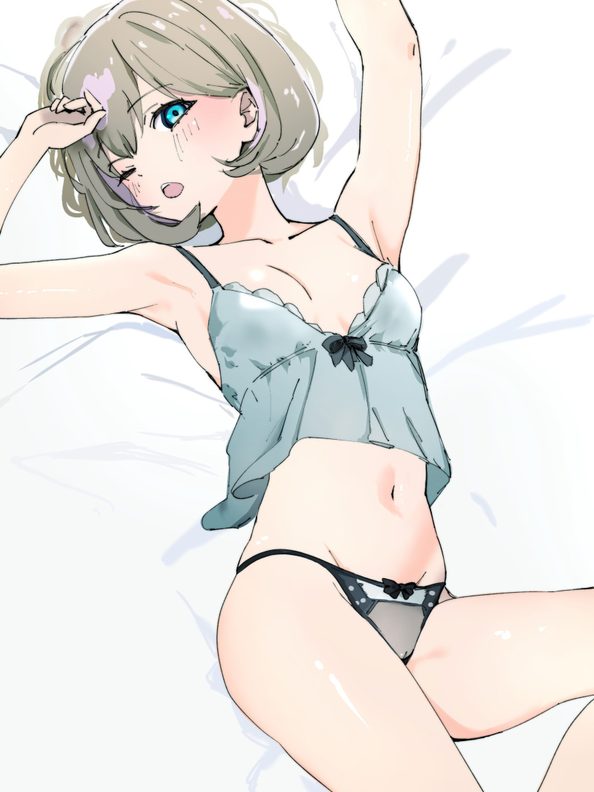 1girl absurdres aqua_panties arm_up armpits blue_camisole blue_eyes blush breasts camisole cleavage commentary_request grey_hair highres looking_at_viewer love_live! love_live!_superstar!! lying medium_breasts midriff navel on_back on_bed one_eye_closed open_mouth panties pink_hair short_hair sketch solo stomach tang_keke thighs ukitaryu underwear