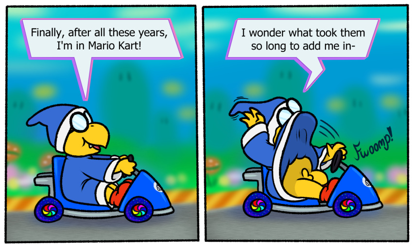 2021 5:3 anthro biped blue_clothing blue_robe car clothed clothing detailed_background dialogue digital_drawing_(artwork) digital_media_(artwork) driving english_text eyewear footwear genitals glasses inside_car kamek koopa magikoopa male mario_bros nintendo nishi_oxnard no_underwear penis red_clothing red_footwear red_shoes robe robe_lift scalie shell shoes solo sound_effects speech_bubble text vehicle wardrobe_malfunction