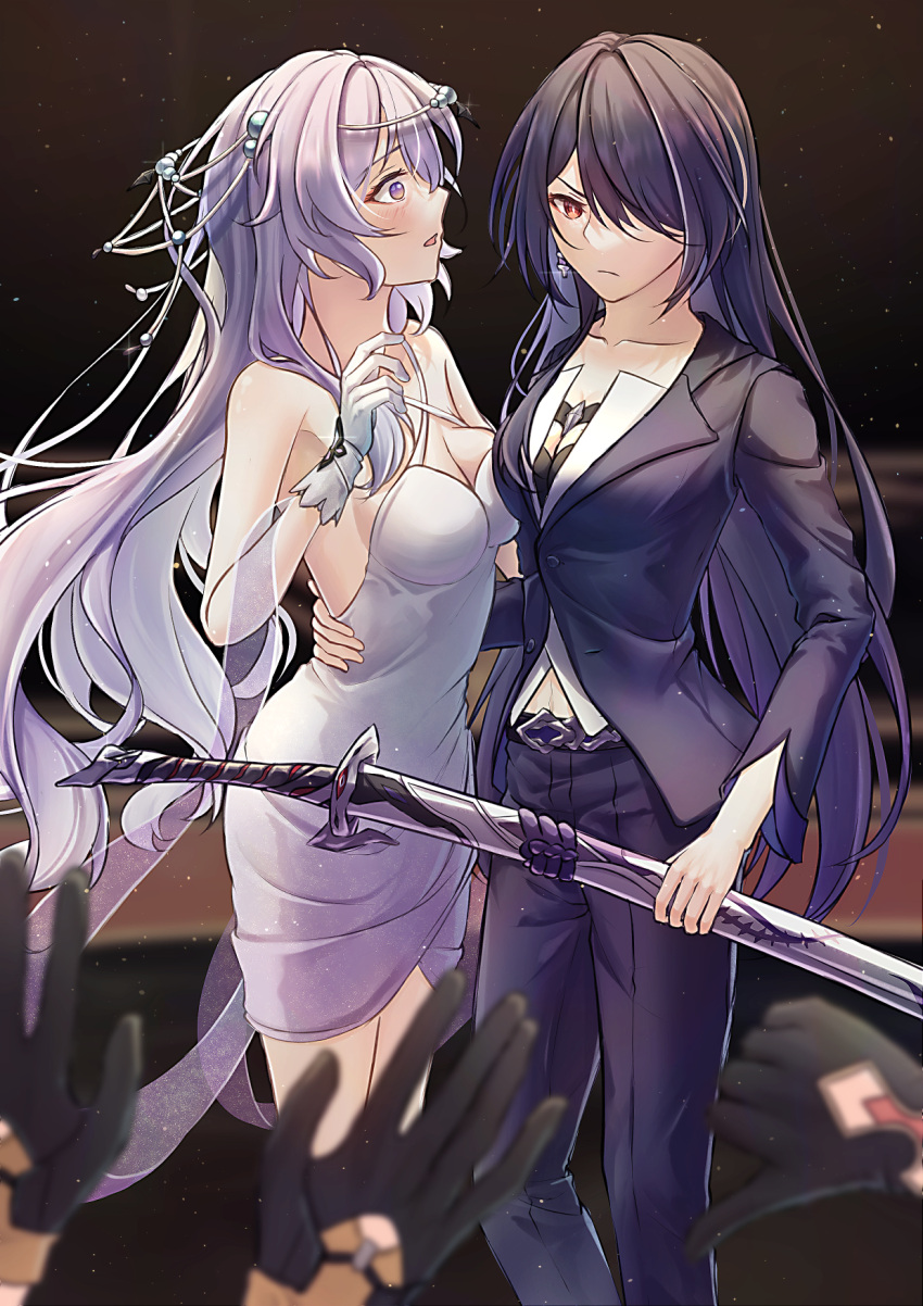 2girls acheron_(honkai:_star_rail) bare_shoulders black_jacket black_pants black_swan_(honkai:_star_rail) commentary_request criss-cross_halter dress grey_hair hair_over_one_eye halterneck highres holding holding_sword holding_weapon honkai:_star_rail honkai_(series) huangquan_(yumi_37948746) jacket katana long_hair long_sleeves multiple_girls official_alternate_costume pants parted_lips purple_eyes scabbard sheath sheathed sword very_long_hair weapon white_dress yuri