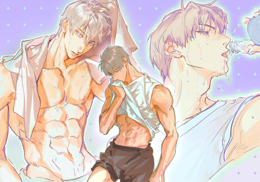 1boy abs black_shorts blue_eyes bottle chimmyming clothes_lift collarbone from_side hair_between_eyes hand_up head_down head_tilt highres holding holding_bottle looking_at_viewer love_and_deepspace male_focus multiple_views nipples parted_lips pectorals shirt_lift short_hair shorts solo sweatdrop tank_top topless_male towel towel_around_neck upper_body wet white_hair white_tank_top xavier_(love_and_deepspace)