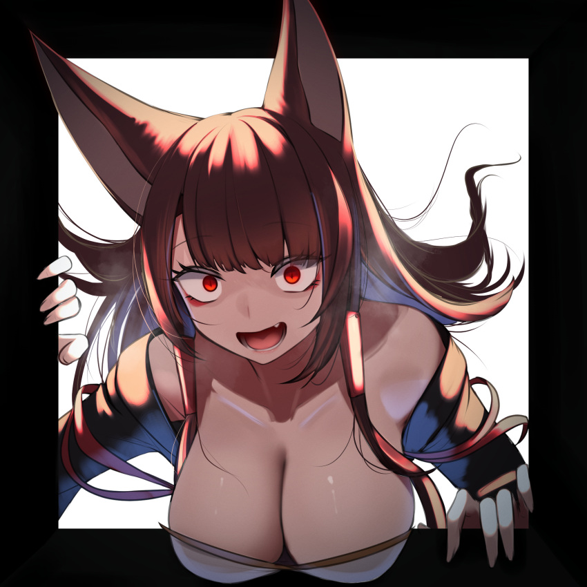 1girl :d akagi_(azur_lane) akaoni_(zumt3548) animal_ears azur_lane black_border black_kimono border breasts brown_hair brown_tail crazy_eyes crazy_smile eyeliner eyeshadow fang fourth_wall fox_ears fox_girl highres japanese_clothes kimono kitsune large_breasts long_hair long_sleeves looking_at_viewer makeup open_mouth outside_border reaching reaching_towards_viewer red_eyes smile solo through_medium through_screen wide-eyed