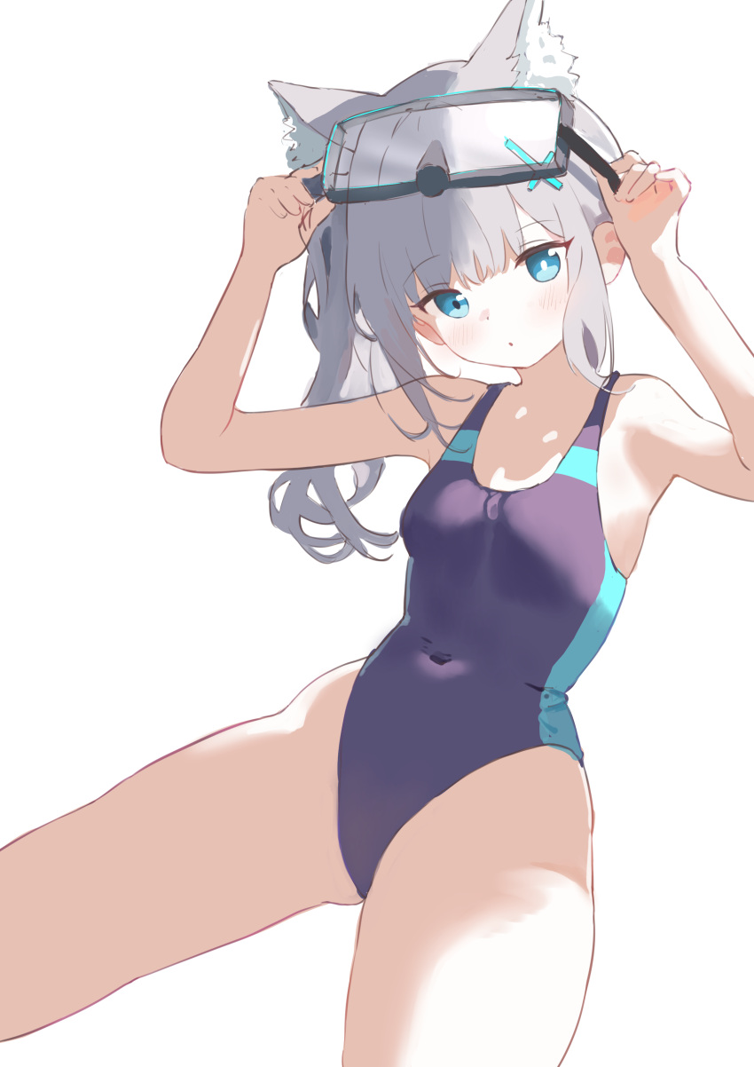 1girl absurdres animal_ear_fluff animal_ears black_one-piece_swimsuit blue_archive blue_eyes breasts competition_swimsuit covered_navel cowboy_shot cross_hair_ornament diving_mask diving_mask_on_head extra_ears goggles goggles_on_head grey_hair hair_ornament halo highres ichibanboshi_yuzu low_ponytail medium_hair mismatched_pupils multicolored_clothes multicolored_swimsuit official_alternate_costume one-piece_swimsuit shiroko_(blue_archive) shiroko_(swimsuit)_(blue_archive) simple_background small_breasts solo swimsuit white_background wolf_ears