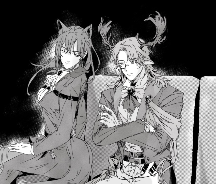 1boy 1girl animal_ears antlers arknights cat_ears cat_girl cat_tail couch cowboy_shot crossed_arms czerny_(arknights) deer_antlers deer_boy gertrude_strollo_(arknights) greyscale horns long_hair monochrome monocle on_couch pointy_ears ppboxz sitting smile tail