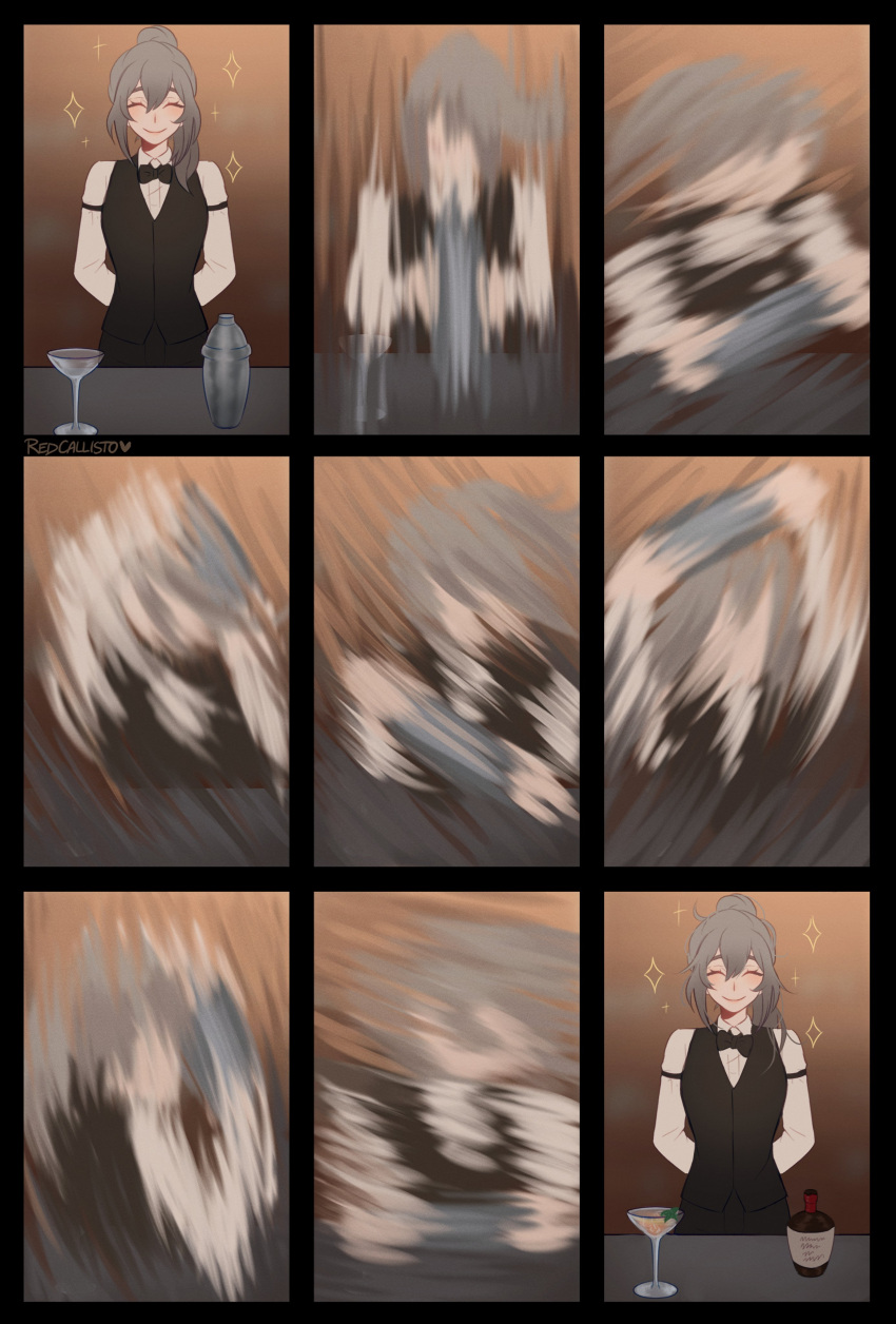 1girl absurdres arms_behind_back bartender closed_eyes cocktail_glass cocktail_shaker cup drinking_glass fine_art_parody grey_hair highres holding_shaker honkai:_star_rail honkai_(series) messy_hair motion_blur parody rubyredart sequential shaking smear_frame smile solo stelle_(honkai:_star_rail) the_making_of_the_perfect_martini trailblazer_(honkai:_star_rail)