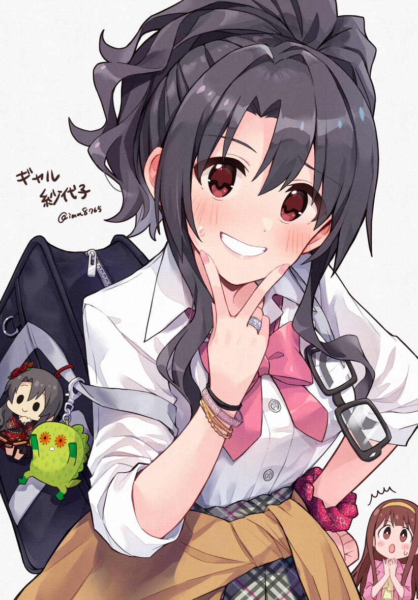 2girls ^^^ artist_name bag black_hair blush bracelet breasts character_name chupacabra clothes_around_waist dot_nose duffel_bag eyewear_in_pocket gyaru highres idolmaster idolmaster_million_live! idolmaster_million_live!_theater_days ima_(lm_ew) jacket jacket_around_waist jewelry long_sleeves medium_breasts multiple_girls nail_polish neck_ribbon official_alternate_hairstyle own_hands_together pink_jacket pink_nails pink_ribbon plaid plaid_skirt pleated_skirt red_eyes red_scrunchie ribbon ring school_uniform scrunchie shirt simple_background skirt sleeves_rolled_up smile sweat takayama_sayoko tanaka_kotoha teeth upper_body v wavy_eyebrows white_background white_shirt wrist_scrunchie yellow_shirt zipper