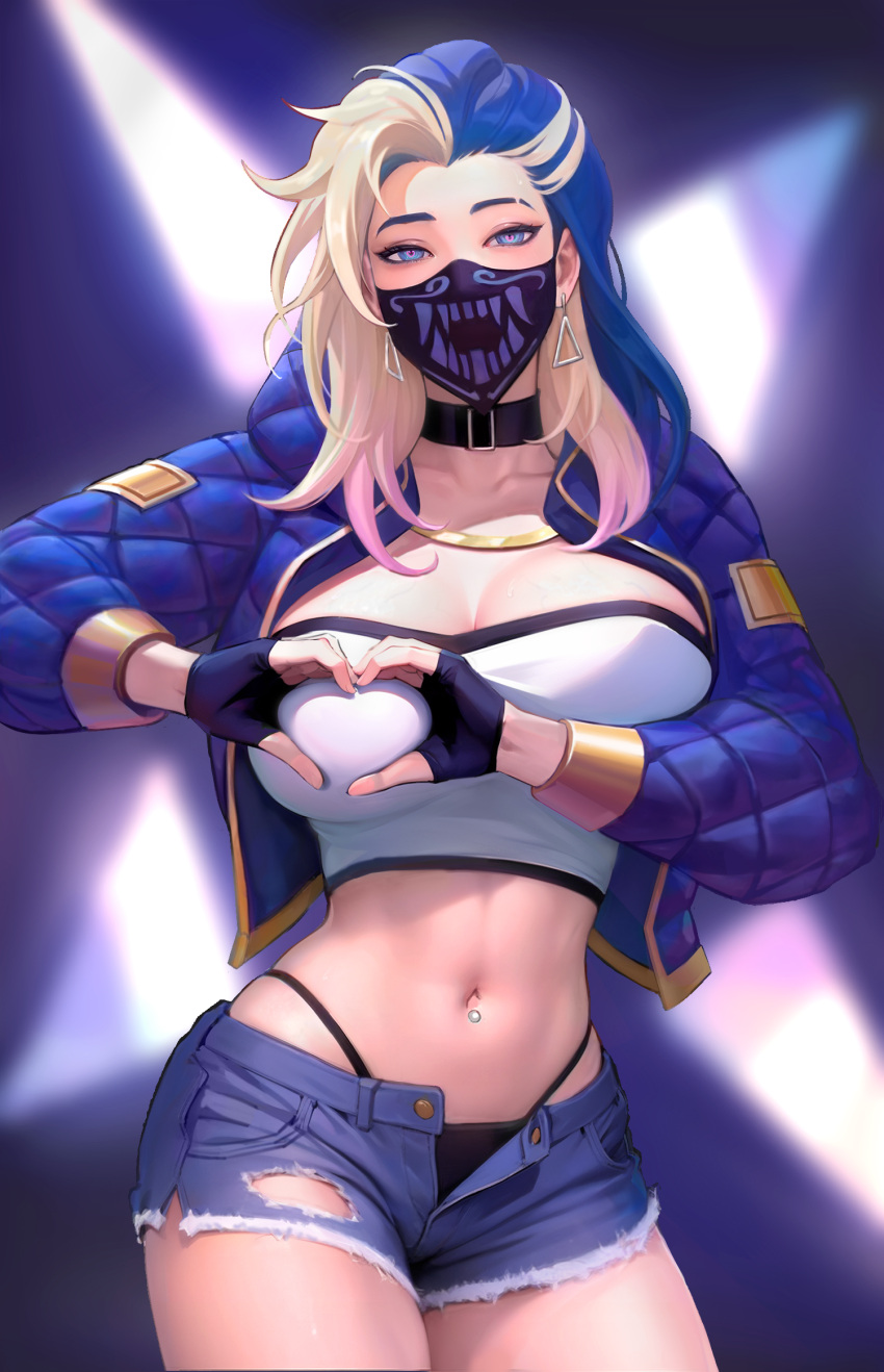 1girl akali black_gloves blue_eyes breasts choker cleavage commission cropped_jacket curvy fingerless_gloves gloves gold_trim heart heart_hands highres jacket k/da_(league_of_legends) k/da_akali k/da_all_out_akali league_of_legends mask midriff mouth_mask navel navel_piercing official_alternate_costume open_fly panties pants piercing pixiv_commission print_mask purple_jacket short_shorts shorts solo the_baddest_akali underwear veins veiny_breasts zhengwei_(nobber)