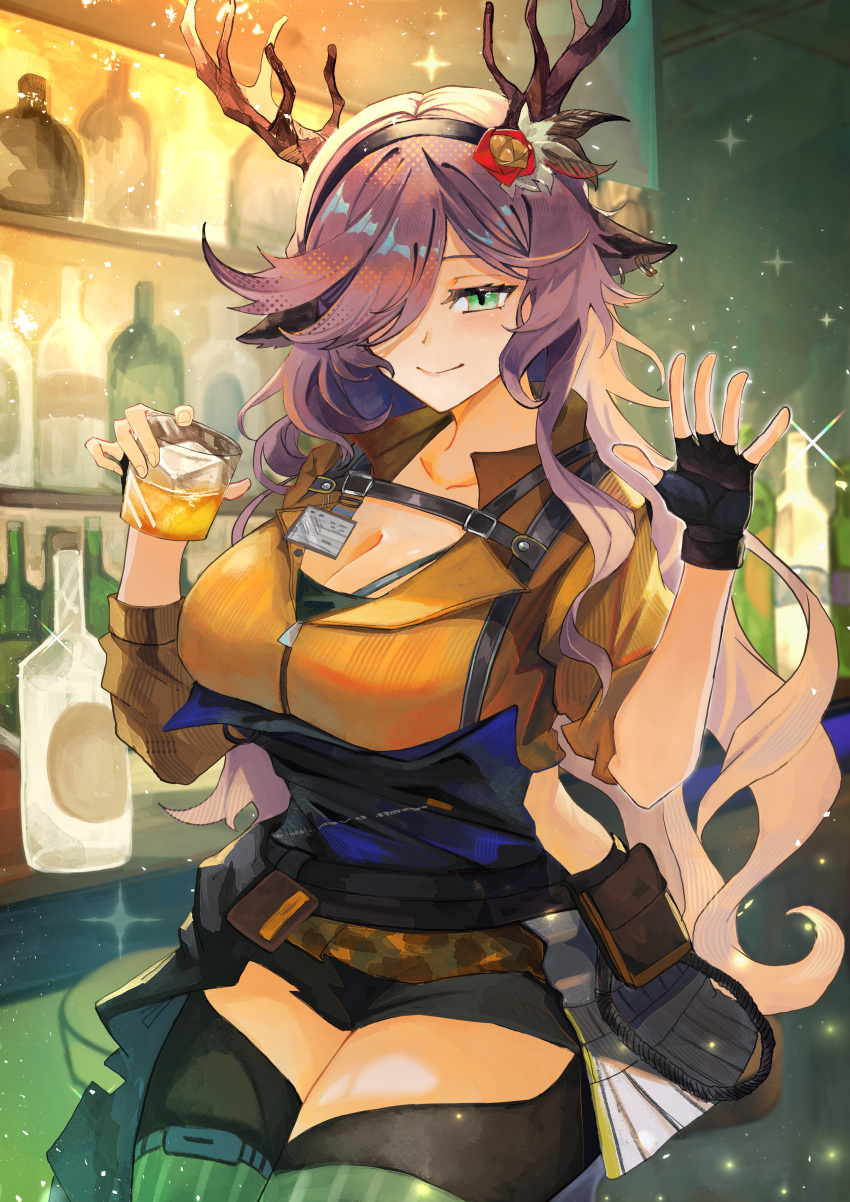 1girl absurdres alcohol animal_ear_piercing animal_ears antlers arknights bar_(place) bar_stool black_gloves black_pantyhose bottle breasts cleavage clothing_cutout coldshot_(arknights) commentary_request cowboy_shot cup deer_antlers deer_ears deer_girl fingerless_gloves gloves gradient_hair green_eyes green_thighhighs hair_over_one_eye haru_torimaru highres holding holding_cup horns large_breasts long_hair looking_at_viewer multicolored_hair pantyhose purple_hair shelf shirt side_cutout sitting sleeves_rolled_up smile solo stool striped_clothes striped_thighhighs thigh_cutout thighhighs vertical-striped_clothes vertical-striped_thighhighs waving wavy_hair yellow_shirt