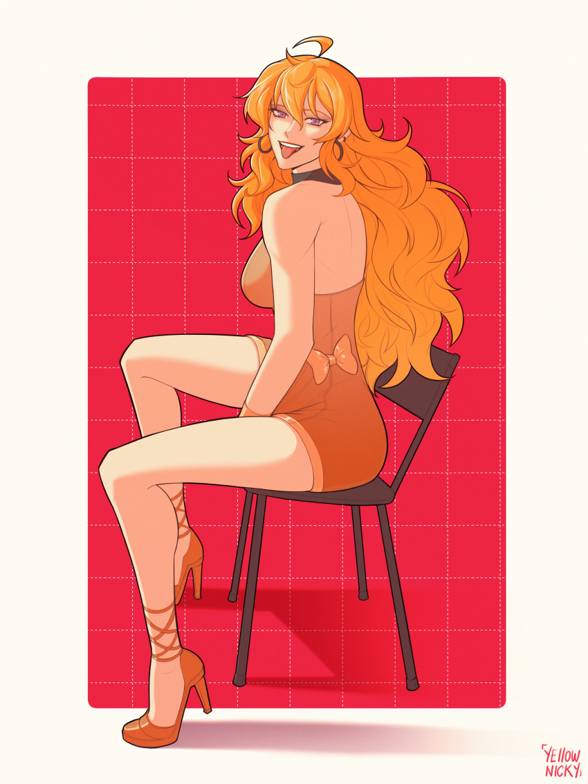 :p absurdres antenna_hair artist_name bare_shoulders blonde_hair border bow bowtie breasts chair dress earrings highres hoop_earrings jewelry large_breasts orange_bow orange_bowtie orange_dress orange_footwear purple_eyes red_background rwby sitting tongue tongue_out wavy_hair white_border yang_xiao_long yellow_nicky