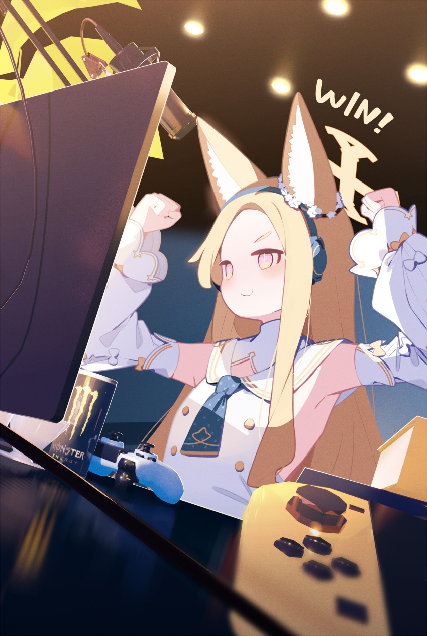 1girl absurdres animal_ear_fluff animal_ears armpits arms_up bare_back blonde_hair blue_archive blurry boom_microphone c: can clenched_hands commentary_request depth_of_field desk detached_sleeves drink_can dualsense energy_drink english_text flower forehead fox_ears fox_girl hair_flower hair_ornament halo happy headphones highres indoors long_hair long_sleeves microphone microphone_stand monitor monster_energy nintendo_switch orange_eyes parted_bangs pekeko_(pepekekeko) playstation_controller raised_fists school_uniform seia_(blue_archive) sidelocks smile smug soda_can solo v-shaped_eyebrows