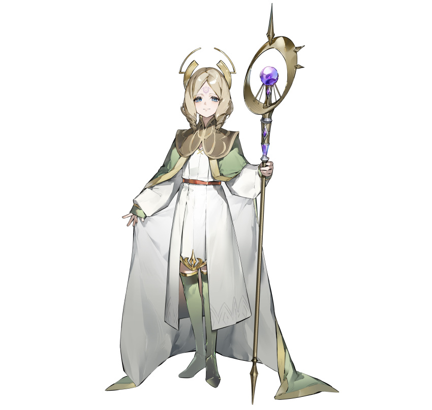 1girl absurdres aged_down aqua_eyes blonde_hair boots brand_of_the_exalt cape drill_hair drill_sidelocks emmeryn_(child)_(fire_emblem) emmeryn_(fire_emblem) facial_mark fire_emblem fire_emblem_awakening fire_emblem_heroes forehead_mark green_cape green_footwear highres holding holding_staff ichibi knee_boots looking_at_viewer medium_hair multicolored_cape multicolored_clothes official_art robe sidelocks smile solo staff tachi-e tiara white_cape white_robe