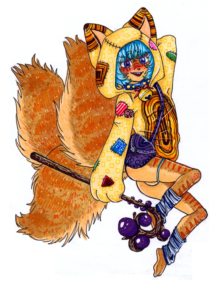 2_toes 3_tails absurd_res anthro bag bandaged_leg bell biped black_nose blue_collar blue_eyes blue_hair brown_body brown_fur butt canid canine clothed clothing collar colored detailed eyebrows eyeshadow fangs feet fluffy fluffy_tail footwear fox freckles fur girly hair hi_res hoodie iiijackie3678iii makeup male mammal multi_tail open_mouth patch_(disambiguation) purple_eyeshadow sharp_teeth short_hair shoulder_bag solo staff striped_body striped_fur stripes teeth toes topwear traditional_media_(artwork)
