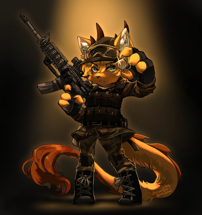 4_fingers anthro biped chibi claws clothed clothing dragon eyebrow_through_hair eyebrows felid feline fingers fur gun hair hi_res holding_gun holding_object holding_ranged_weapon holding_weapon horn hybrid inner_ear_fluff male mammal mythological_creature mythological_scalie mythology ranged_weapon riko_sakari rikosakari scalie solo tail tail_tuft translucent translucent_hair tuft weapon whiskers