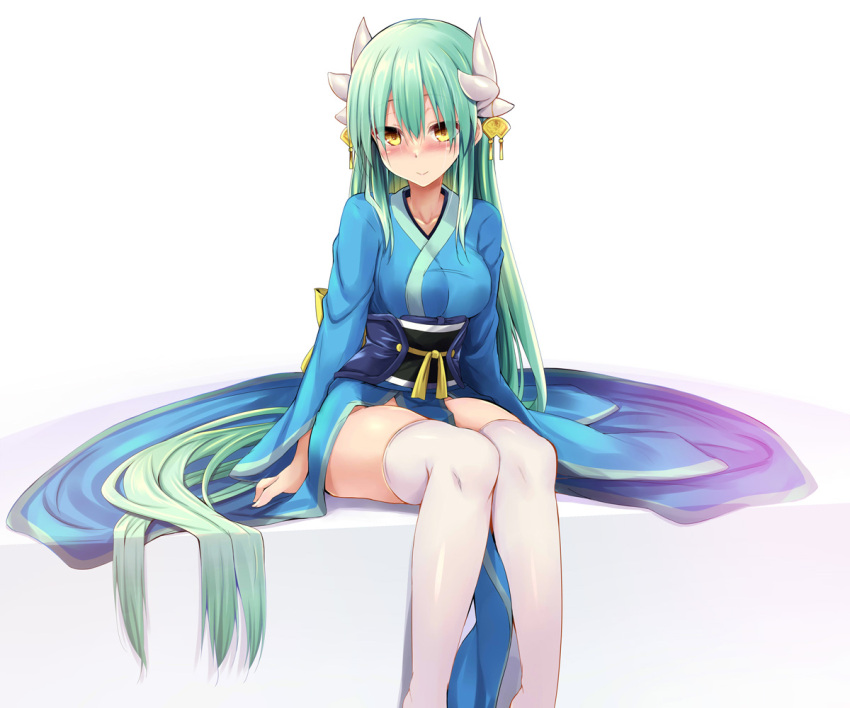 1girl blush breasts dragon_girl dragon_horns fate/grand_order fate_(series) green_hair green_kimono hair_ornament horns japanese_clothes kimono kiyohime_(fate) long_hair long_sleeves looking_at_viewer medium_breasts multiple_horns obi sash sen_(astronomy) sitting smile solo thighhighs thighs white_thighhighs wide_sleeves yellow_eyes