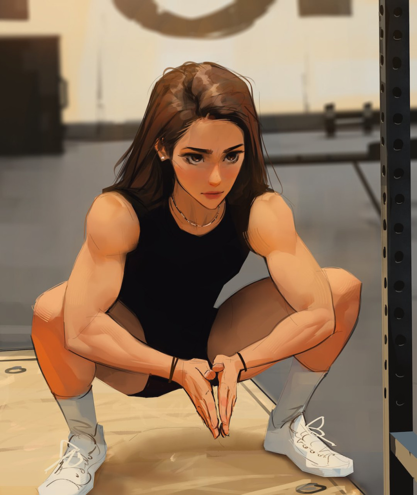 1girl bare_legs bare_shoulders bracelet brown_eyes brown_hair commentary english_commentary gym highres jewelry necklace original own_hands_together sam_yang socks sportswear squatting toned white_footwear white_socks