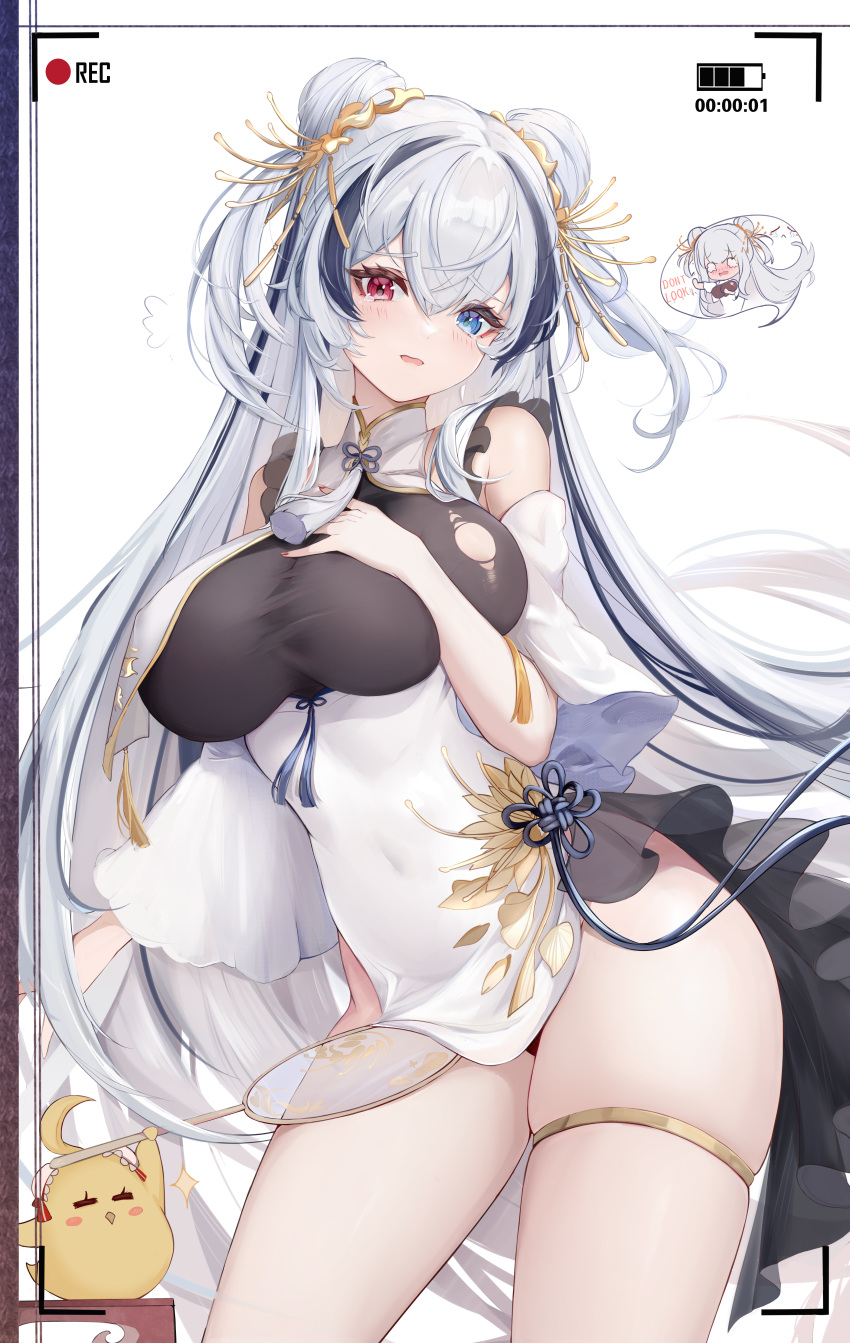 1girl absurdres azur_lane banchiyuebai bare_shoulders blue_eyes breast_curtains breasts chinese_clothes double_bun dress elbing_(azur_lane) elbing_(beauty_beneath_the_spring_limelight)_(azur_lane) hair_bun hair_ornament heterochromia highres large_breasts long_hair looking_at_viewer manjuu_(azur_lane) official_alternate_costume red_eyes solo very_long_hair white_dress white_hair