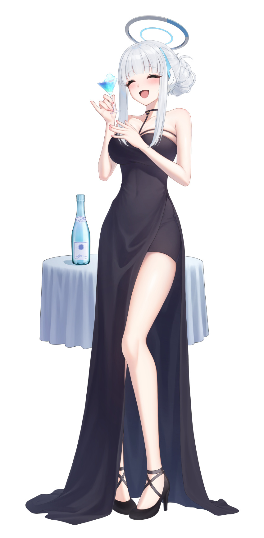 1girl ^_^ absurdres alternate_costume bare_shoulders black_dress black_footwear blue_archive blush breasts closed_eyes cocktail_glass collarbone commentary cup dress drinking_glass full_body grey_hair halo high_heels highres holding holding_cup large_breasts noa_(blue_archive) sidelocks simple_background smile solo soo_ou white_background
