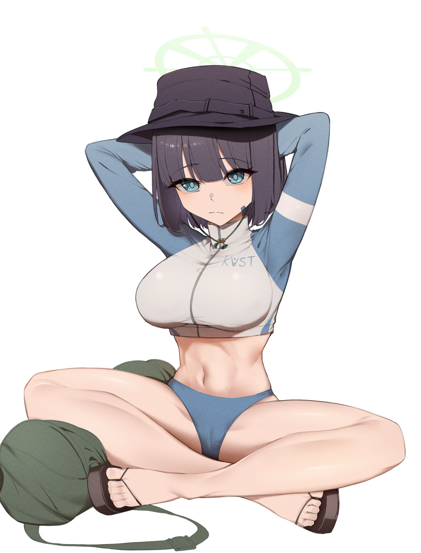 1girl absurdres arms_behind_head bare_legs bikini bikini_bottom_only blue_archive blue_bikini blush breasts bucket_hat cameltoe chirpy halo hat highres indian_style large_breasts looking_at_viewer navel official_alternate_costume raglan_sleeves rash_guard saki_(blue_archive) saki_(swimsuit)_(blue_archive) simple_background sitting solo stomach swimsuit white_background