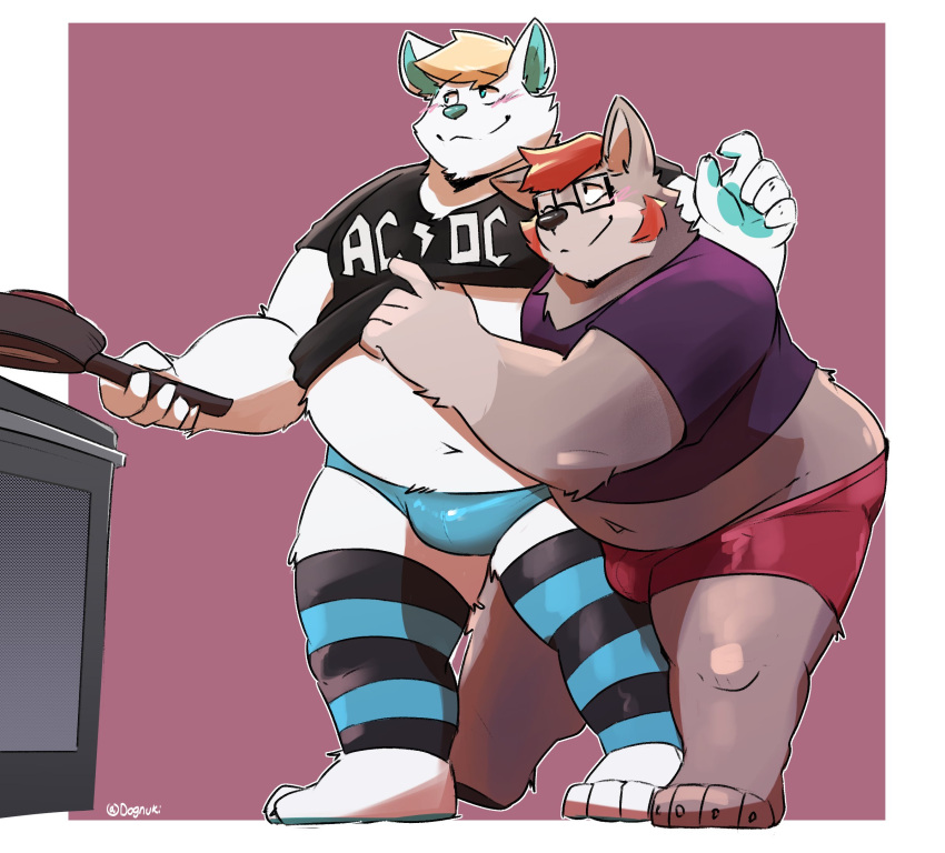 2024 anthro belly big_belly blush bulge canid canine canis clothing cooking domestic_dog duo eyewear glasses hi_res humanoid_hands kemono male mammal overweight overweight_male realiron_(artist) shirt topwear underwear