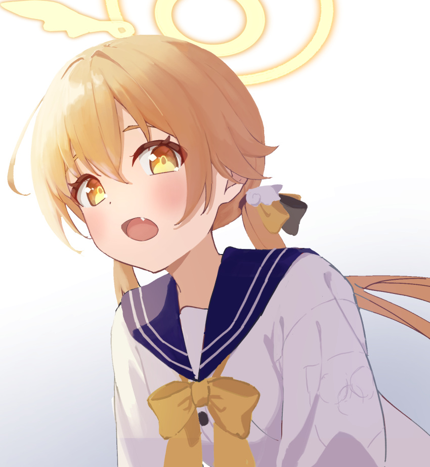 1girl blue_archive blue_sailor_collar bow bowtie breasts halo hifumi_(blue_archive) highres light_brown_hair looking_at_viewer open_mouth sailor_collar school_uniform serafuku simple_background small_breasts solo spell_phd twintails upper_body white_background white_serafuku yellow_bow yellow_bowtie yellow_eyes yellow_halo