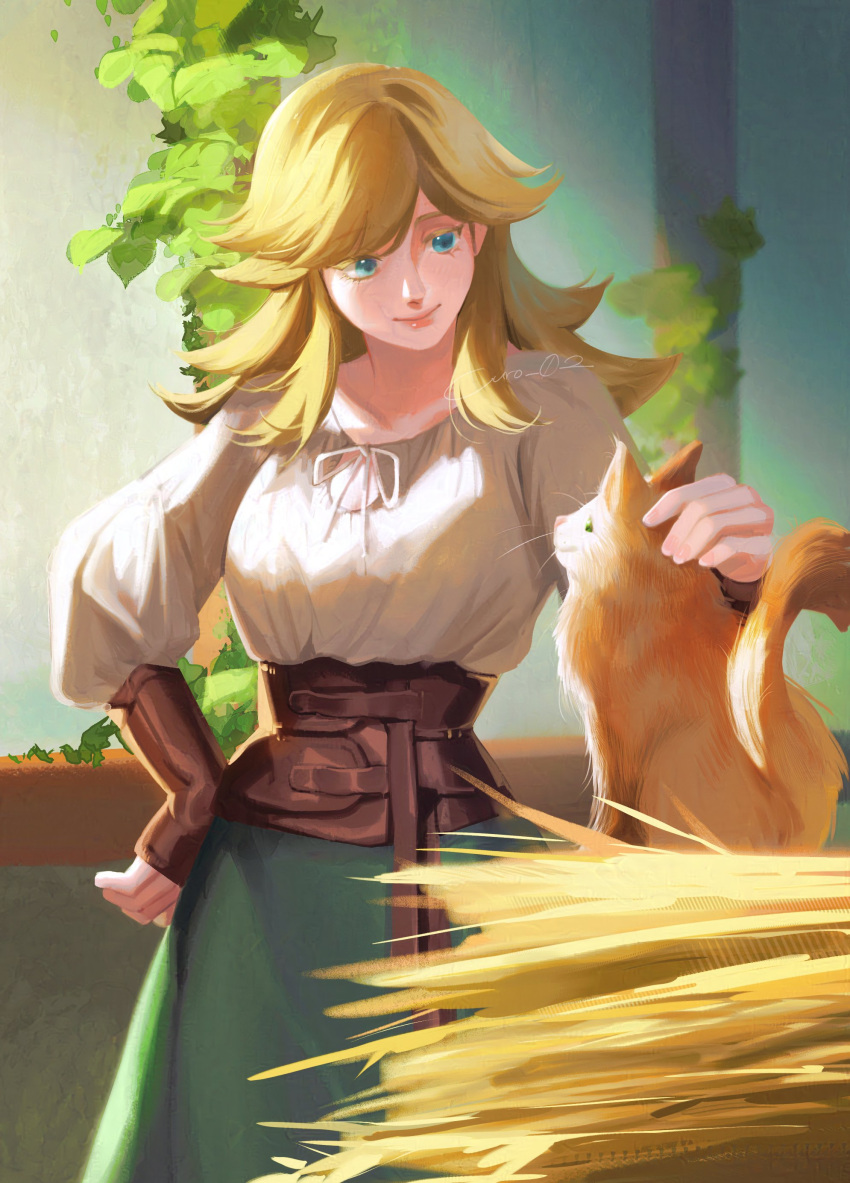 1girl absurdres animal blonde_hair blue_eyes borrowed_character bracer breasts brown_corset cat commentary corset curo_curc02 green_skirt highres light_smile long_hair long_skirt long_sleeves looking_at_animal medieval medium_breasts messy_hair original perlweiss_(ironlily) petting puffy_long_sleeves puffy_sleeves shirt sidelighting skirt solo_focus symbol-only_commentary white_shirt