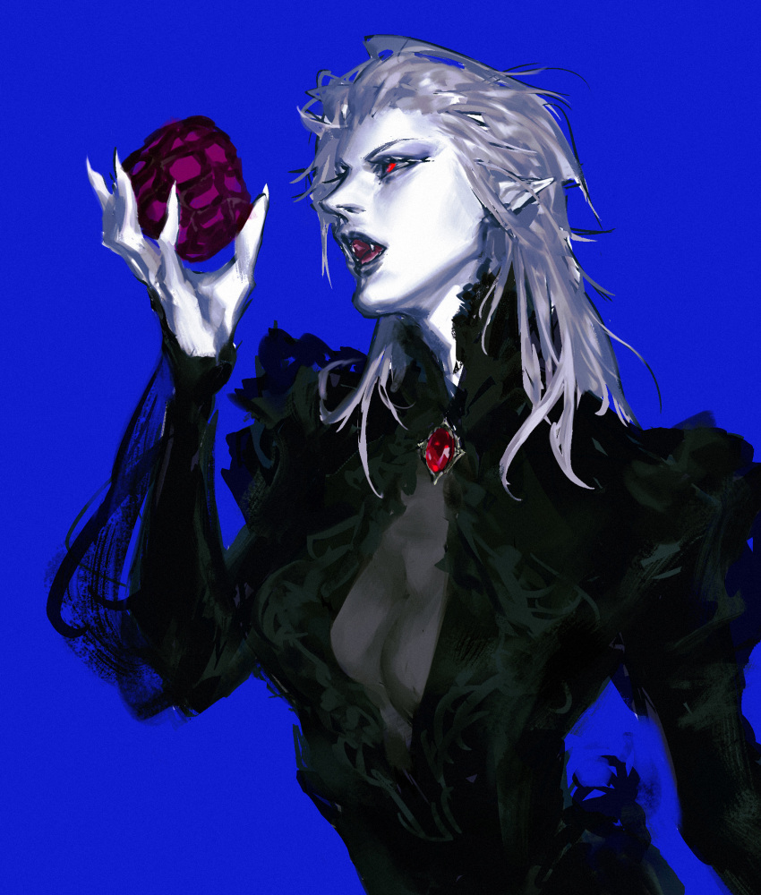 1girl blue_saden breasts cardigan cracked_skin devil_may_cry_(series) devil_may_cry_1 genderswap genderswap_(mtf) hair_slicked_back highres holding long_hair long_sleeves nelo_angelo open_cardigan open_clothes open_mouth pale_skin red_eyes solo vergil_(devil_may_cry) white_hair