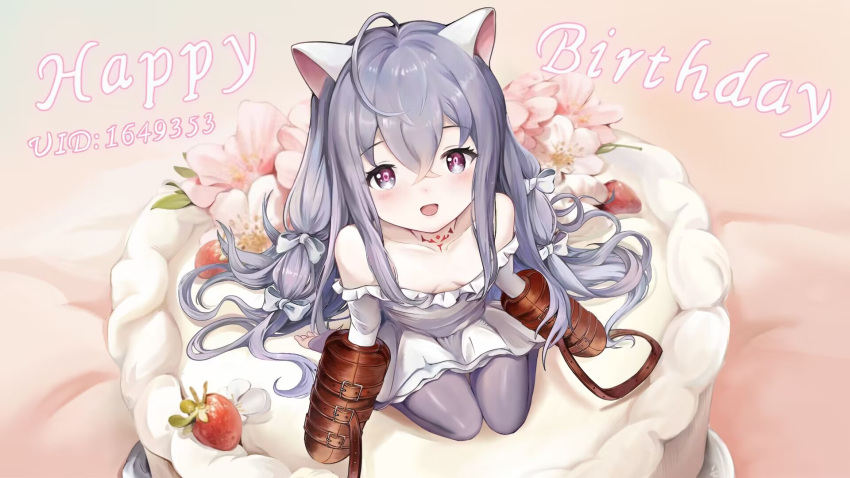 1girl ahoge animal_ears birthday blush bound bound_arms breasts brown_dust_2 cake cat_ears cat_girl chest_tattoo dress eyebrows_hidden_by_hair feet food from_above fruit grey_hair grey_thighhighs hair_between_eyes hair_ribbon happy_birthday highres long_bangs long_hair looking_at_viewer off-shoulder_dress off_shoulder open_mouth purple_eyes ribbon rou_(brown_dust) sitting small_breasts smile solo strawberry tattoo thighhighs user_shfm3448 very_long_hair wariza white_ribbon