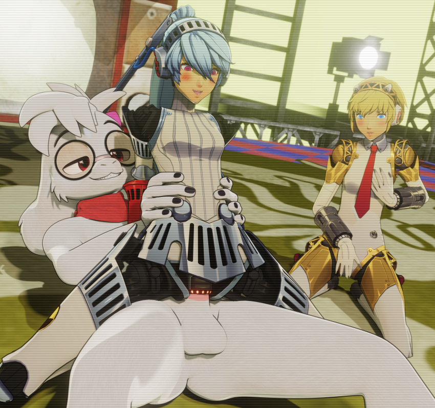 3d_(artwork) absurd_res aigis_(persona) android anthro atlus blender_(artwork) blender_eevee blush bovid breast_grab breasts caprine cel_shading crossover deltarune digital_media_(artwork) featureless_breasts female ffm ffm_threesome goat group hand_on_breast hands_around_waist hi_res humanoid labrys_(persona) looking_pleasured machine male male/female mammal megami_tensei megami_tensei_persona ohnutt penetrable_sex_toy penetration persona_(series) persona_3 playing_with_self ralsei relsei_(ralsei746) robot sega sex_toy shaded smug smug_face trio tv_lighting undertale_(series) vaginal vaginal_penetration