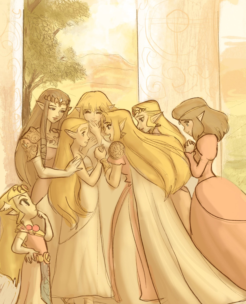 6+girls blonde_hair brown_hair commentary dress earrings finger_to_mouth highres holding_hands in-franchise_crossover jewelry long_dress looking_at_another marcat37328081 multiple_girls pink_dress pointy_ears princess_zelda sidelocks the_legend_of_zelda the_legend_of_zelda:_a_link_between_worlds the_legend_of_zelda:_breath_of_the_wild the_legend_of_zelda:_ocarina_of_time the_legend_of_zelda:_skyward_sword the_legend_of_zelda:_the_wind_waker the_legend_of_zelda:_twilight_princess the_legend_of_zelda_(nes) triforce white_dress