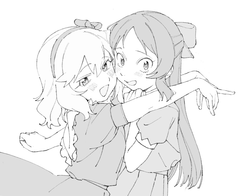 2girls blush bow cheek-to-cheek dress greyscale hair_bow hairband heads_together highres hug idolmaster idolmaster_cinderella_girls long_hair looking_at_viewer monochrome multiple_girls open_mouth sakurai_momoka shikariyo short_hair simple_background smile tachibana_arisu upper_body