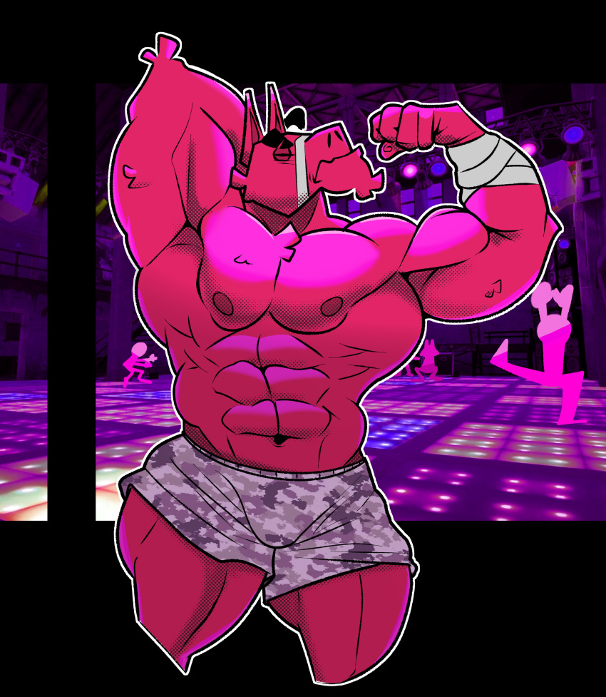 abs absurd_res animate_inanimate anthro bandage bandaged_arm bottomwear bulge camelid clothing cronolm dance_club detailed_background epic_games eyes_closed facial_hair flexing flexing_bicep fortnite fur goatee hand_behind_head hi_res living_pinata llama lt._john_llama male mammal muscular muscular_anthro muscular_male navel nipples pecs pinata pink_body pink_fur shorts solo tufted_fur