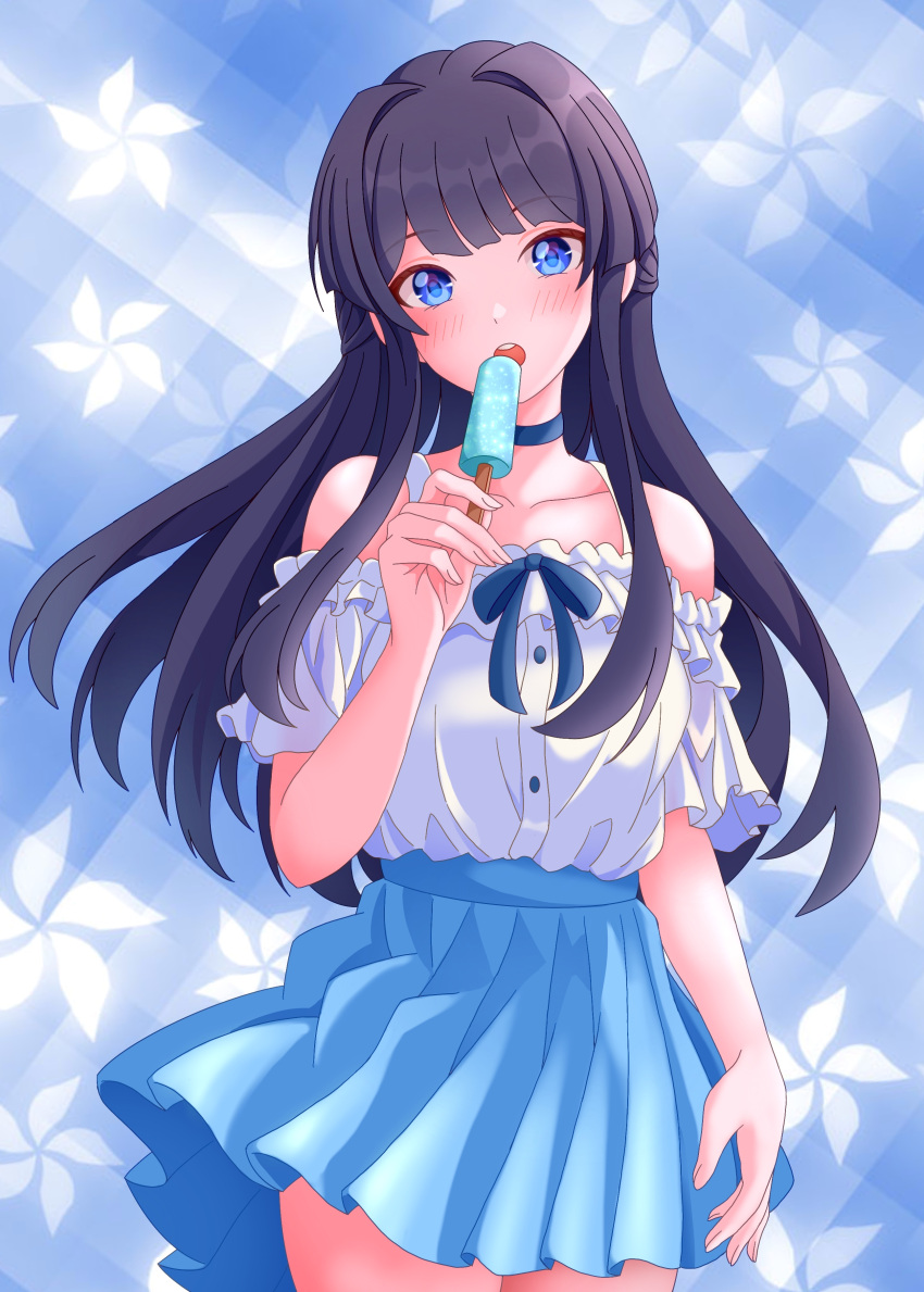 :o absurdres bare_shoulders black_hair blue_skirt blush collarbone food head_tilt highres holding holding_food holding_popsicle idolmaster idolmaster_million_live! long_hair looking_at_viewer mogami_shizuka off-shoulder_shirt off_shoulder patterned_background pleated_skirt popsicle raby_vivid shirt shirt_tucked_in skirt very_long_hair white_shirt