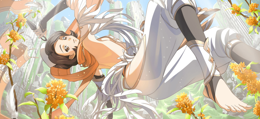 1girl arm_up artist_request ass back backless_outfit barefoot breasts brown_eyes brown_hair chain code_geass code_geass:_lost_stories day detached_sleeves feather-trimmed_sleeves feather_trim feathers feet flexible flower from_side game_cg happy harem_pants hat highres hip_vent holding holding_weapon jumping kunai layered_sleeves light_particles light_rays looking_at_viewer medium_breasts ninja non-web_source official_art open_mouth orange_flower orange_gemstone orange_scarf outdoors pants pillar revealing_clothes ruins scarf shinozaki_sayoko short_hair sideboob smile solo stirrup_legwear sunlight toeless_legwear toes weapon white_feathers white_hat white_pants