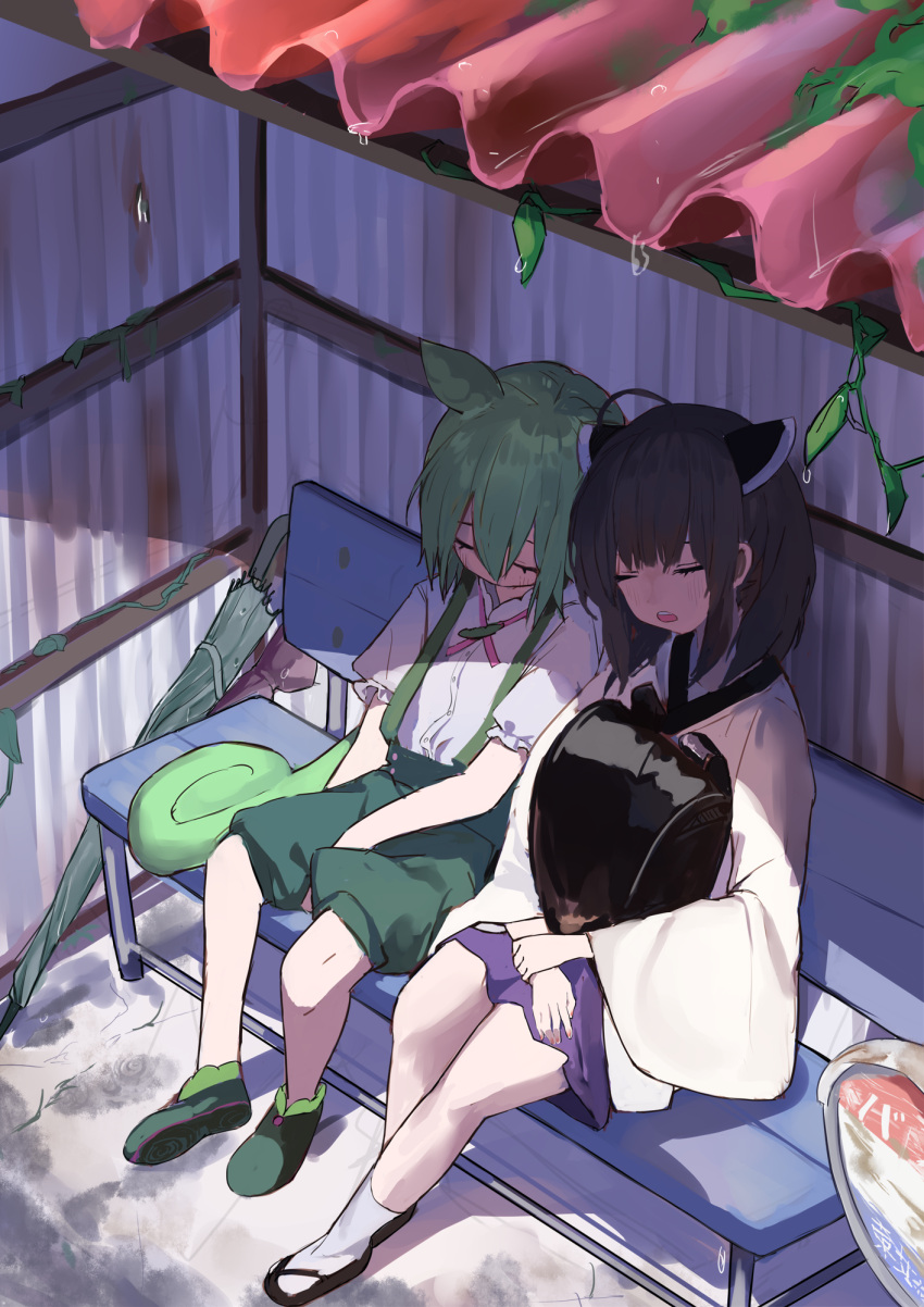 2girls after_rain bench black_hair closed_eyes closed_umbrella green_hair green_shorts hair_between_eyes headgear highres holding japanese_clothes long_sleeves multiple_girls open_mouth plant pocche-ex shirt shoes shorts sign sitting sleeping sleeping_upright suspender_shorts suspenders touhoku_kiritan umbrella vines voiceroid voicevox water_drop white_shirt wide_sleeves zundamon