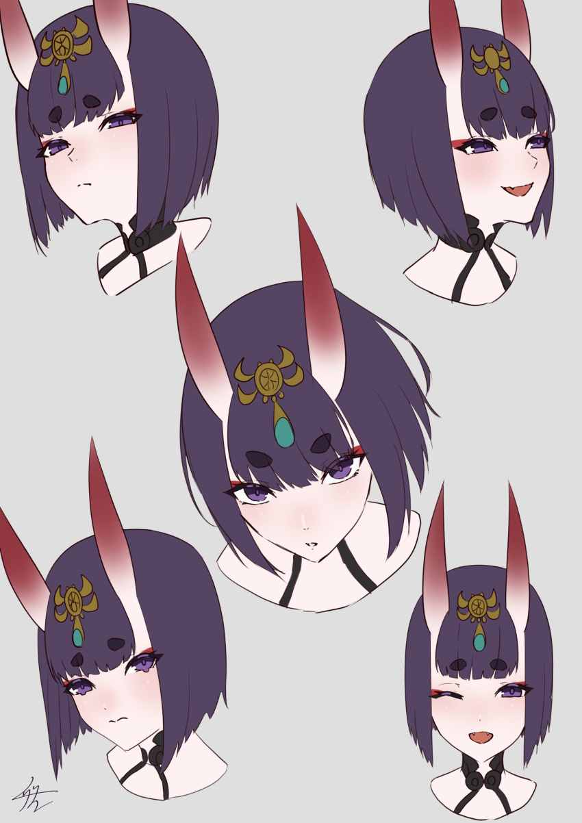 1girl bare_shoulders eyeliner fate/grand_order fate_(series) headpiece highres horns izanaware_game looking_at_viewer makeup multiple_views oni open_mouth purple_eyes purple_hair short_hair shuten_douji_(fate) skin-covered_horns smile