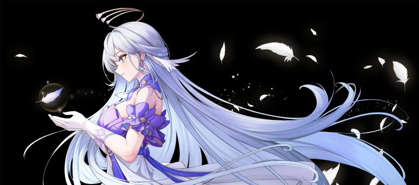 1girl absurdres aqua_eyes bare_shoulders black_background closed_mouth detached_sleeves dress earrings falling_feathers feathers floating_hair from_side gloves halo head_wings highres honkai:_star_rail honkai_(series) jewelry long_hair looking_down looking_to_the_side lrrer purple_dress purple_hair robin_(honkai:_star_rail) short_sleeves smile solo standing two-tone_dress white_dress white_feathers white_gloves white_wings wings