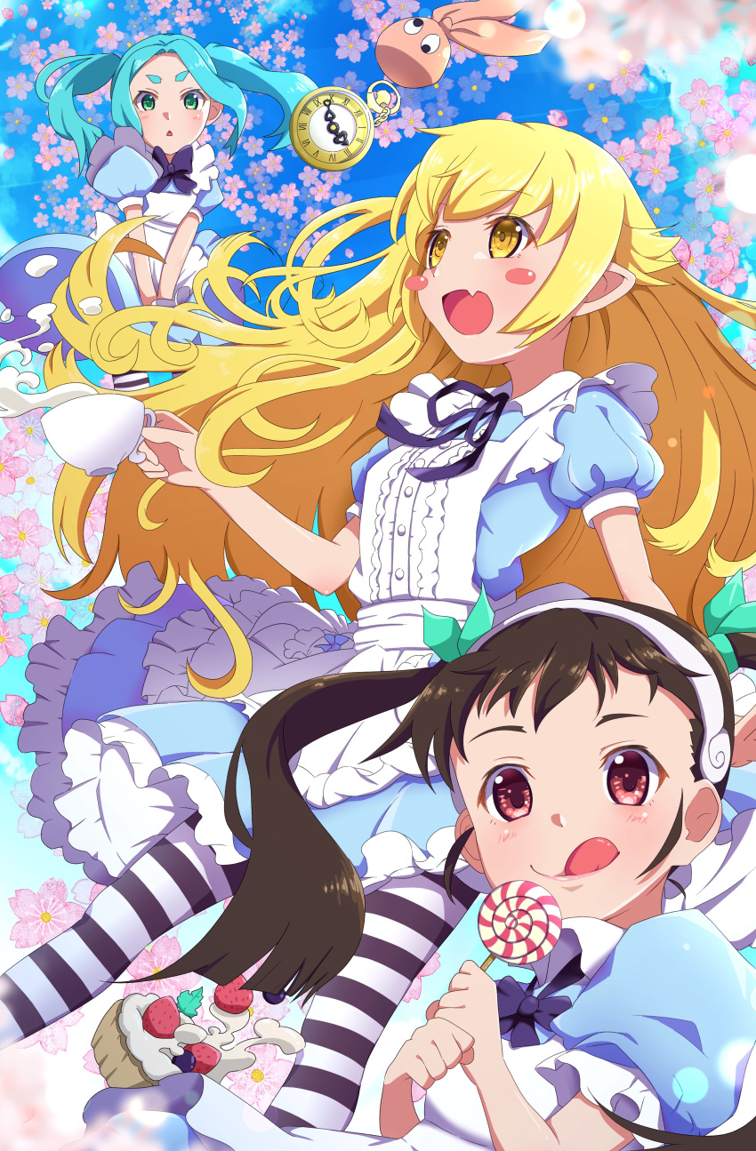 3girls :d absurdres alice_(wonderland) alice_(wonderland)_(cosplay) alice_in_wonderland apron aqua_hair black_hair black_neckwear blonde_hair blush blush_stickers bow bowtie candy commentary_request cosplay cup drawdream1025 dress eyebrows_visible_through_hair fang floating flower food frills fruit green_eyes hachikuji_mayoi hairband hat highres holding holding_cup holding_food holding_lollipop horizontal_stripes lollipop looking_at_viewer looking_to_the_side monogatari_(series) multiple_girls neck_ribbon ononoki_yotsugi open_mouth oshino_shinobu pinafore_dress red_eyes ribbon short_eyebrows short_sleeves sidelocks skin_fang smile strawberry striped striped_legwear tongue tongue_out triangle_mouth twintails white_apron white_frills yellow_eyes