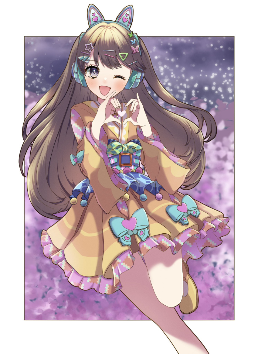 1girl ;d animal_ear_headphones animal_ears aqua_bow aqua_headphones blurry bokeh border bow brown_hair butterfly_hair_ornament cat_ear_headphones cherry_blossoms commentary depth_of_field dress dress_bow fake_animal_ears frilled_dress frilled_sash frills fujishima_megumi grey_eyes hair_ornament hairclip headphones heart heart_hands heart_in_heart_hands highres identity_(love_live!) japanese_clothes kimono kimono_dress leg_up link!_like!_love_live! long_hair long_sleeves looking_at_viewer love_live! natsu_(natsukikenken) one_eye_closed open_mouth orange_dress orange_kimono outside_border sash shoes short_dress smile solo star_(symbol) star_hair_ornament triangle_hair_ornament two_side_up virtual_youtuber white_border wide_sleeves yellow_footwear