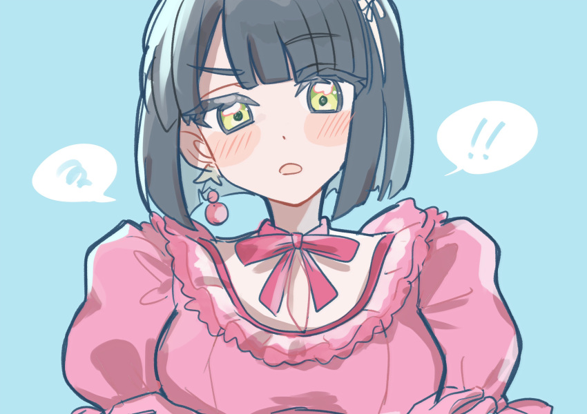 ! !! 1girl black_hair blue_background blunt_bangs blunt_ends blush breasts commentary_request crossed_arms dress earrings flower_earrings frilled_dress frills green_eyes highres jewelry link!_like!_love_live! looking_at_viewer love_live! medium_breasts momose_ginko neck_ribbon open_mouth pink_dress pink_ribbon puffy_short_sleeves puffy_sleeves raised_eyebrow reflection_in_the_mirror_(love_live!) ribbon short_hair short_sleeves simple_background solo spoken_exclamation_mark spoken_squiggle squiggle techimi upper_body virtual_youtuber