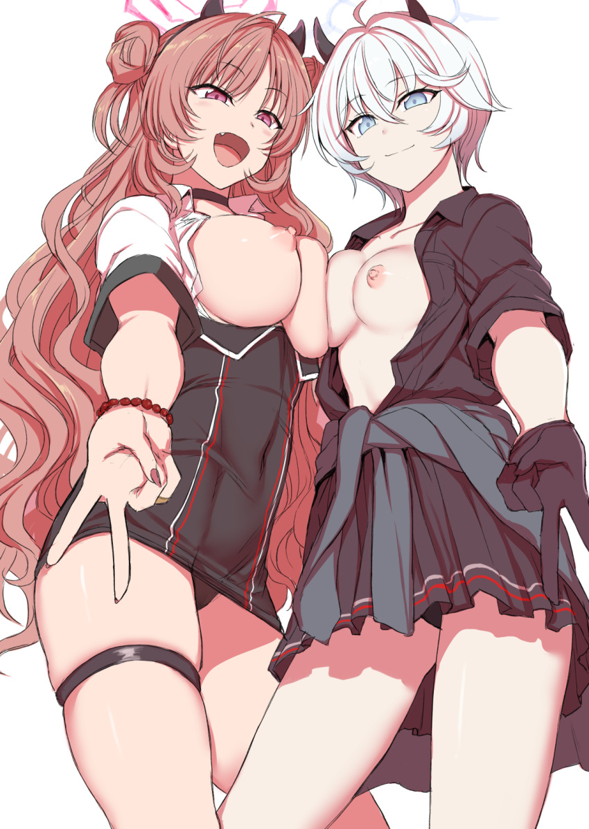 2girls aiue_oka bead_bracelet beads black_choker black_gloves black_horns black_panties black_skirt blue_eyes blue_halo bracelet breasts brown_hair choker closed_mouth clothes_around_waist collared_shirt commentary_request copyright_request covered_navel cowboy_shot double_bun dress_shirt fang gloves hair_between_eyes hair_bun half-closed_eyes halo highres horns jewelry large_breasts long_hair looking_at_viewer medium_breasts miniskirt multiple_girls nipples open_clothes open_mouth open_shirt panties pantyshot pink_eyes pink_halo pleated_skirt pocket shirt short_hair simple_background skindentation skirt sleeve_rolled_up smile thigh_strap thighs underwear v white_background white_shirt