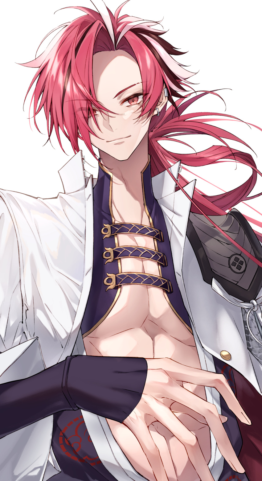 1boy black_hair earrings eyebrow_cut eyes_visible_through_hair fate/grand_order fate_(series) hair_over_one_eye highres jacket japanese_clothes jewelry long_hair long_sleeves looking_at_viewer low_ponytail male_focus multicolored_hair pectoral_cleavage pectorals pttyr red_eyes red_hair simple_background smile solo streaked_hair takasugi_shinsaku_(fate) toned toned_male underpec upper_body white_background white_hair white_jacket