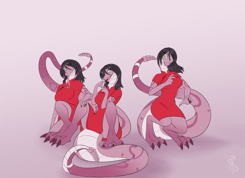 2022 after_transformation anthro barefoot black_hair breasts clothing digital_media_(artwork) digitigrade dress feet female green_eyes group hair open_mouth pink_body pink_scales red_clothing red_dress scales scalie sepisnake simple_background sitting smile tail trio