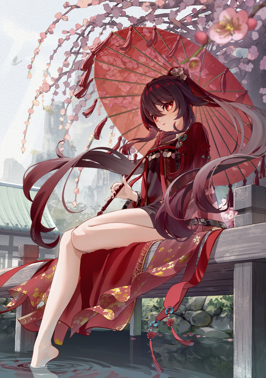 1girl alternate_costume architecture barefoot bibi_(obb_spl) breasts brown_hair cherry_blossoms chinese_clothes dress east_asian_architecture flower full_body genshin_impact hair_between_eyes hair_ornament hanfu highres holding holding_umbrella hu_tao_(genshin_impact) legs long_hair long_sleeves looking_at_viewer oil-paper_umbrella outdoors plum_blossoms qixiong_ruqun ruqun sitting small_breasts soaking_feet solo symbol-shaped_pupils twintails umbrella very_long_hair water