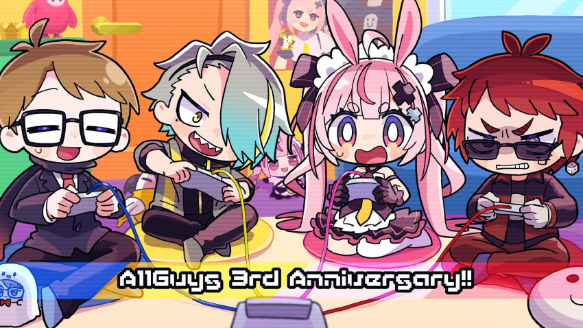 1girl 3boys =_= angry animal_ears anniversary antenna_hair bans black_gloves black_hairband black_scarf black_shirt black_skirt blush_stickers bright_pupils brown_hair cameo character_doll chibi closed_eyes commentary_request controller criss-cross_halter dice_earrings door facial_mark fall_guy fall_guys frilled_hairband frills full_body game_controller gatchmanv glaring glasses gloves grey_hair grimace hair_ornament hair_over_one_eye hairband halter_shirt halterneck highres hikimayu holding holding_controller holding_game_controller indian_style indie_virtual_youtuber indoors jacket layered_shirt leaning_to_the_side long_hair long_sleeves mole mole_under_eye multicolored_eyes multicolored_hair multiple_boys on_floor one_eye_covered open_mouth pants pink_eyes pink_hair playing_games poster_(object) purple_skirt rabbit_ears rabbit_girl red_hair red_jacket red_pants scanlines scarf seiza sharp_teeth shirt short_hair short_sleeves sitting skirt small_sweatdrop smile strapless strapless_shirt streaked_hair sumikawa_(sumikawa8v) sunglasses teeth tenkai_tsukasa tomari_mari twintails utai_meika v-shaped_eyebrows very_long_hair virtual_youtuber white_gloves white_pupils white_shirt x_hair_ornament yellow_eyes