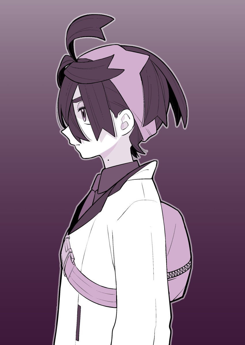 1boy 4lily absurdres bag closed_mouth collared_shirt hair_between_eyes hairband highres jacket kieran_(pokemon) long_sleeves male_focus mole mole_on_neck monochrome pokemon pokemon_sv purple_theme shirt simple_background solo upper_body