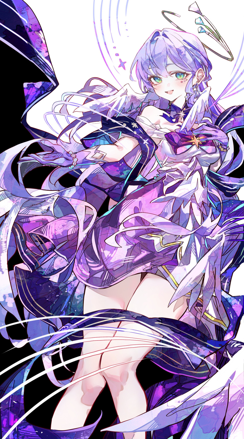 1girl :d absurdres aqua_eyes bead_bracelet beads bracelet cocoballking commentary_request dress feet_out_of_frame gloves highres honkai:_star_rail honkai_(series) jewelry long_hair looking_at_viewer off-shoulder_dress off_shoulder official_alternate_costume open_mouth purple_gloves purple_hair robin_(honkai:_star_rail) smile solo standing thighs very_long_hair white_background