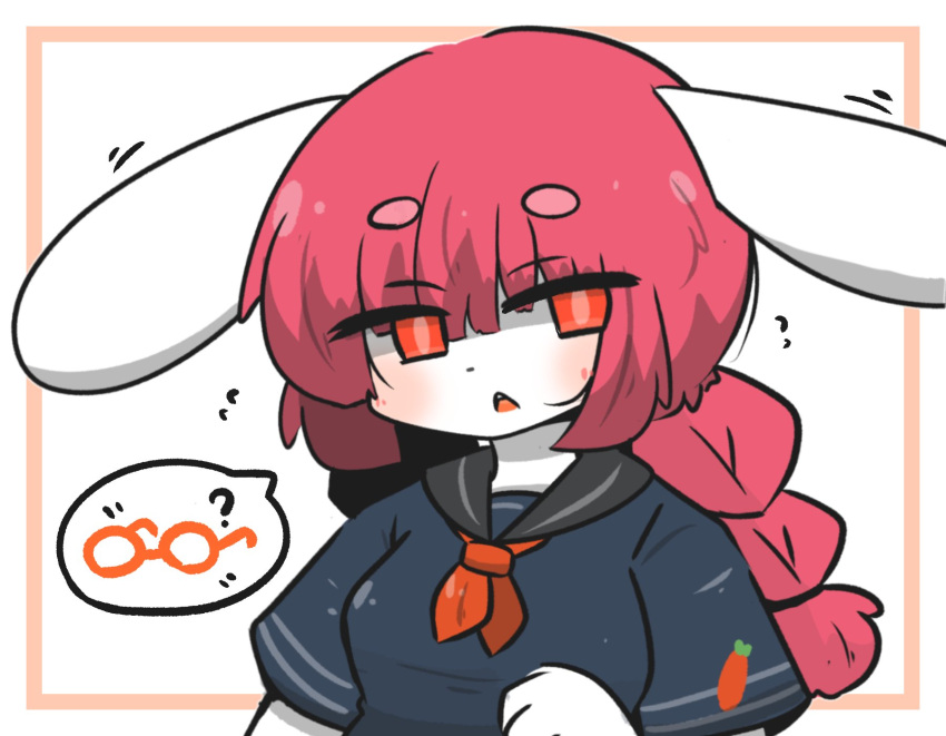 1girl ? animal_ears black_sailor_collar black_shirt blush braid breasts brown_background commentary_request flying_sweatdrops hair_between_eyes highres long_hair looking_at_viewer low_twintails neckerchief orange_eyes orange_neckerchief original parted_lips rabbit_ears red_hair sailor_collar school_uniform serafuku shirt short_eyebrows short_sleeves small_breasts solo spoken_object thick_eyebrows twin_braids twintails two-tone_background uni_souchou upper_body white_background