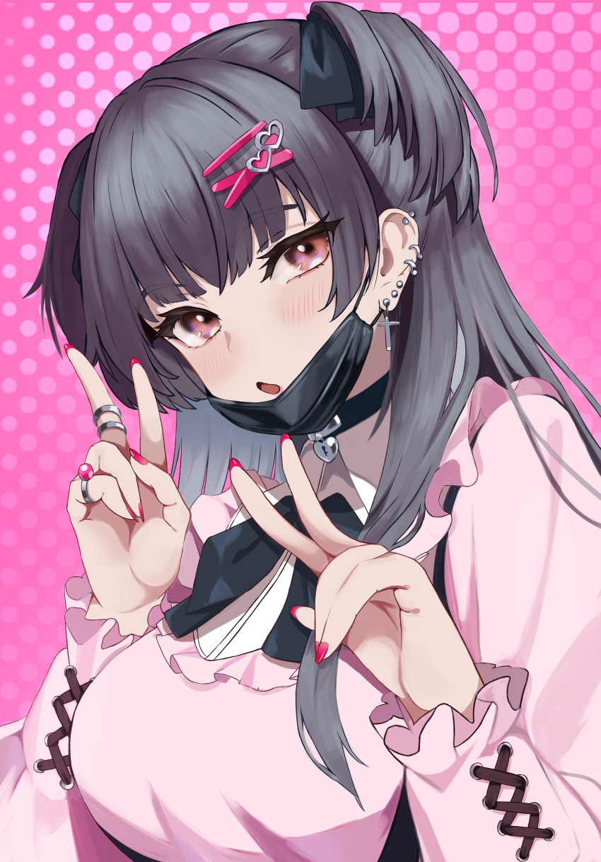 1girl :o absurdres black_choker black_hair black_mask blush breasts choker fingernails hair_ribbon highres idolmaster idolmaster_shiny_colors jewelry jirai_kei long_hair long_sleeves looking_at_viewer mask mask_pull mayuzumi_fuyuko medium_breasts mouth_mask nail_polish pink_background pink_shirt polka_dot polka_dot_background ribbon ring ritseya shirt solo two_side_up upper_body